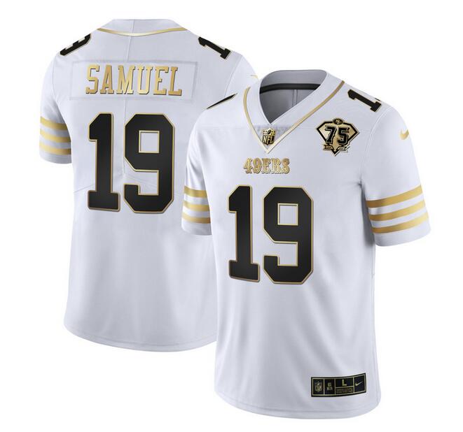 Men's San Francisco 49ers #19 Deebo Samuel White Gold With 75th Patch Stitched Jersey Men's San Francisco 49ers #19 Deebo Samuel White Gold With 75th Patch Stitched Jersey